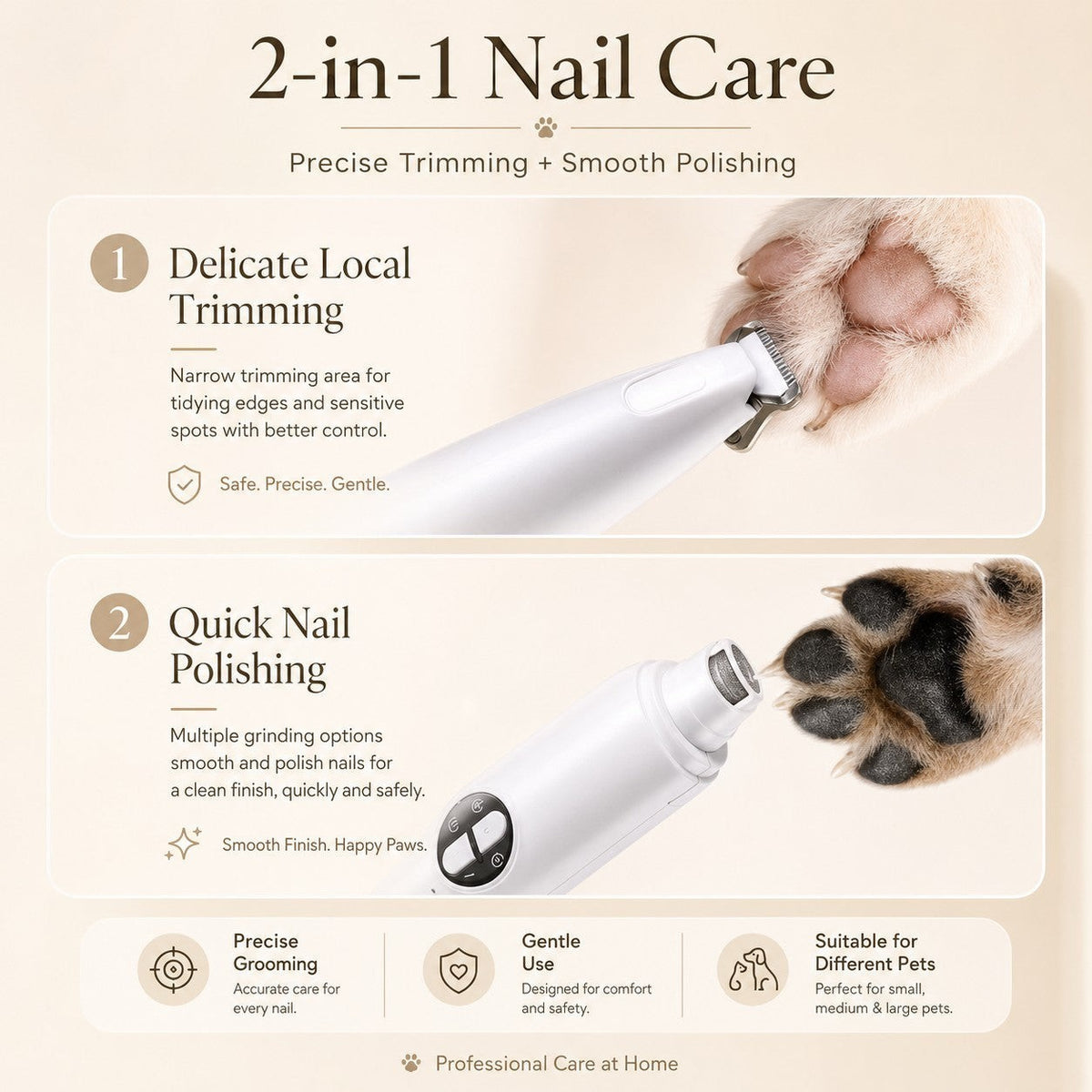 Nuzzo 2-in-1 pet grooming trimmer showing precision paw hair trimming and nail polishing attachments for dogs and cats