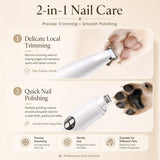 Nuzzo 2-in-1 pet grooming trimmer showing precision paw hair trimming and nail polishing attachments for dogs and cats