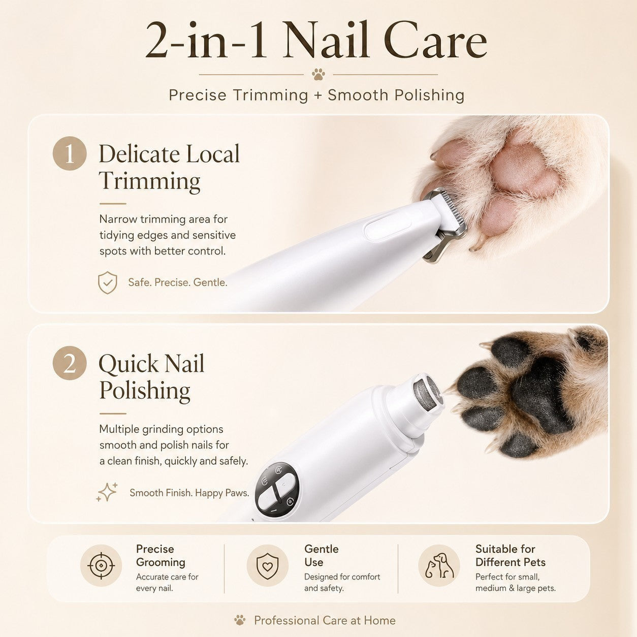 Nuzzo 2-in-1 pet grooming trimmer showing precision paw hair trimming and nail polishing attachments for dogs and cats