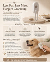 Nuzzo 3-in-1 electric pet grooming brush with misting, massage, and de-shedding features used on a golden retriever.