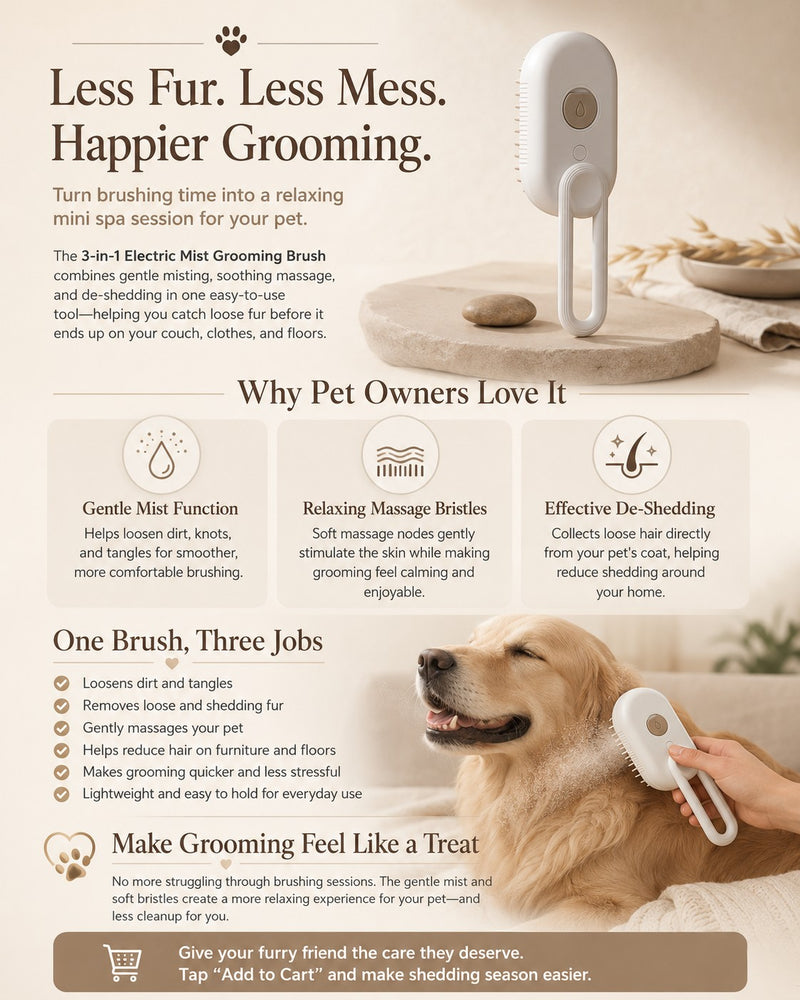 Nuzzo 3-in-1 electric pet grooming brush with misting, massage, and de-shedding features used on a golden retriever.
