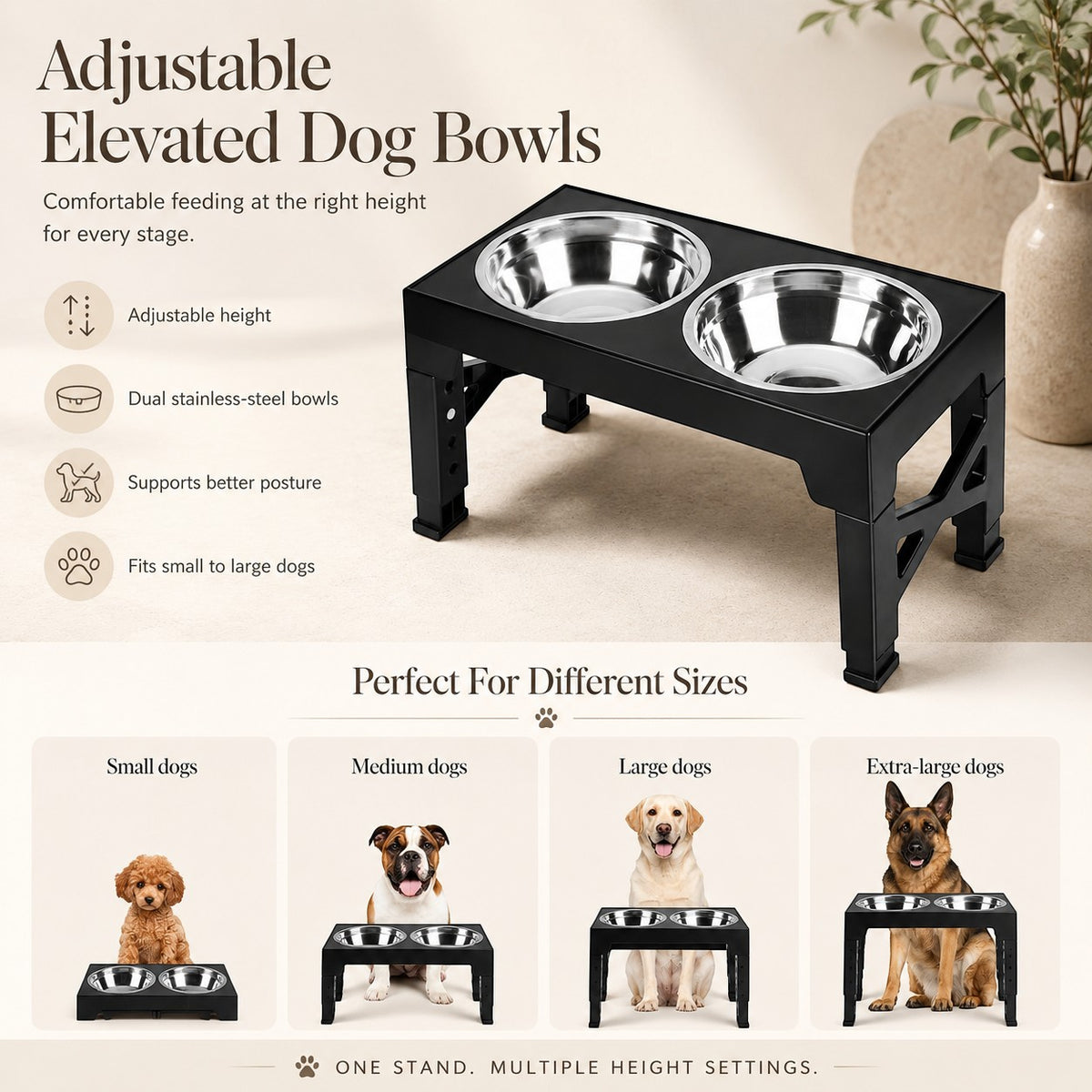 Nuzzo AdjustaBowl elevated dog feeder with 5 height settings and two stainless steel bowls for improved pet posture.