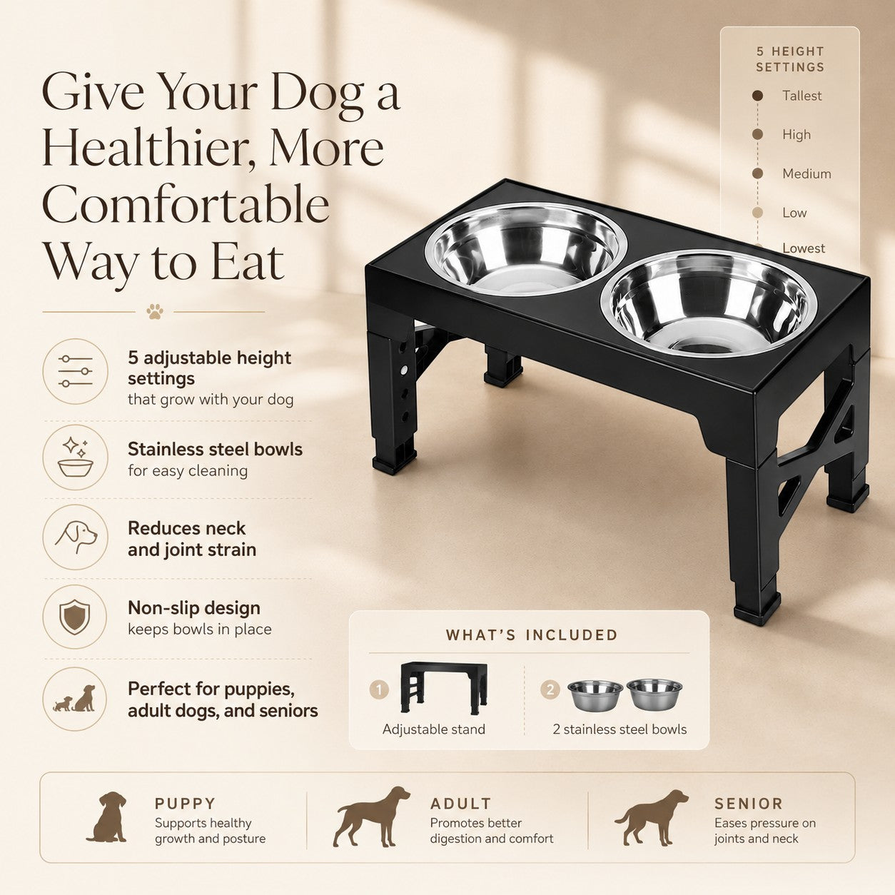 Nuzzo AdjustaBowl 5-level elevated dog feeder with two stainless steel bowls and adjustable black stand