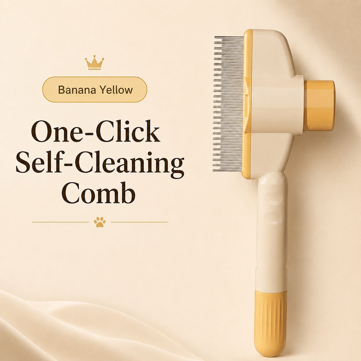 Nuzzo banana yellow self-cleaning pet hair comb with stainless steel teeth and a one-click fur release button.