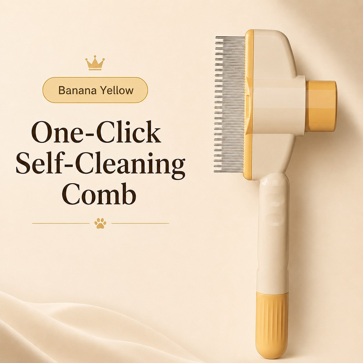 Nuzzo banana yellow self-cleaning pet hair comb with stainless steel teeth and a one-click fur release button.