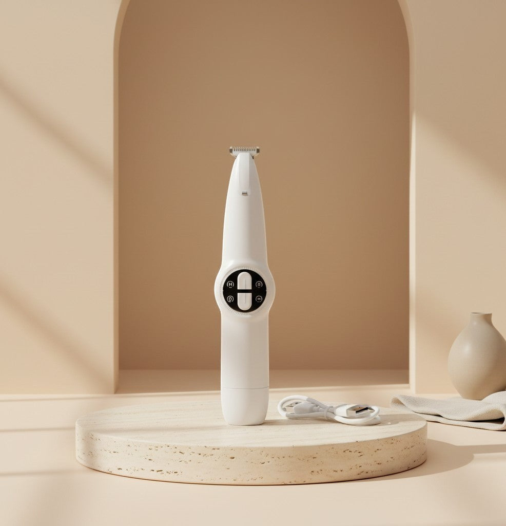 Nuzzo 2-in-1 cordless pet grooming trimmer in white with precision blades for paw and face hair on a stone pedestal