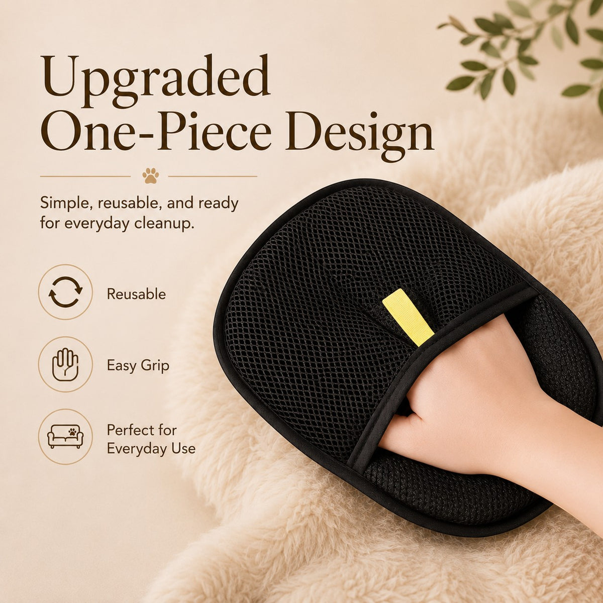 Nuzzo FurLift black mesh pet hair removal glove on a soft surface with icons highlighting reusable design features.