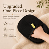Nuzzo FurLift black mesh pet hair removal glove on a soft surface with icons highlighting reusable design features.