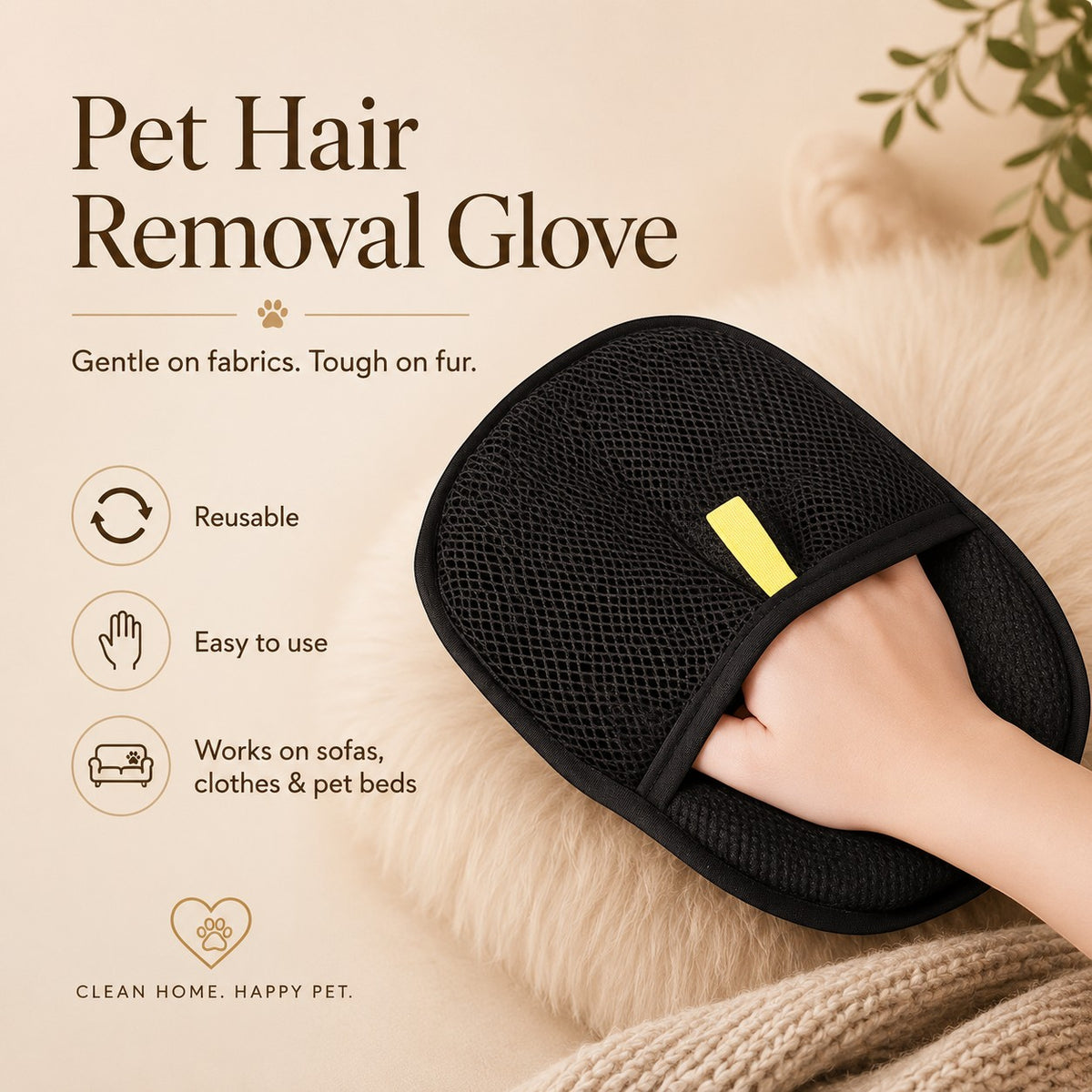 Nuzzo FurLift black mesh pet hair removal glove being used on a soft surface to clean up fur