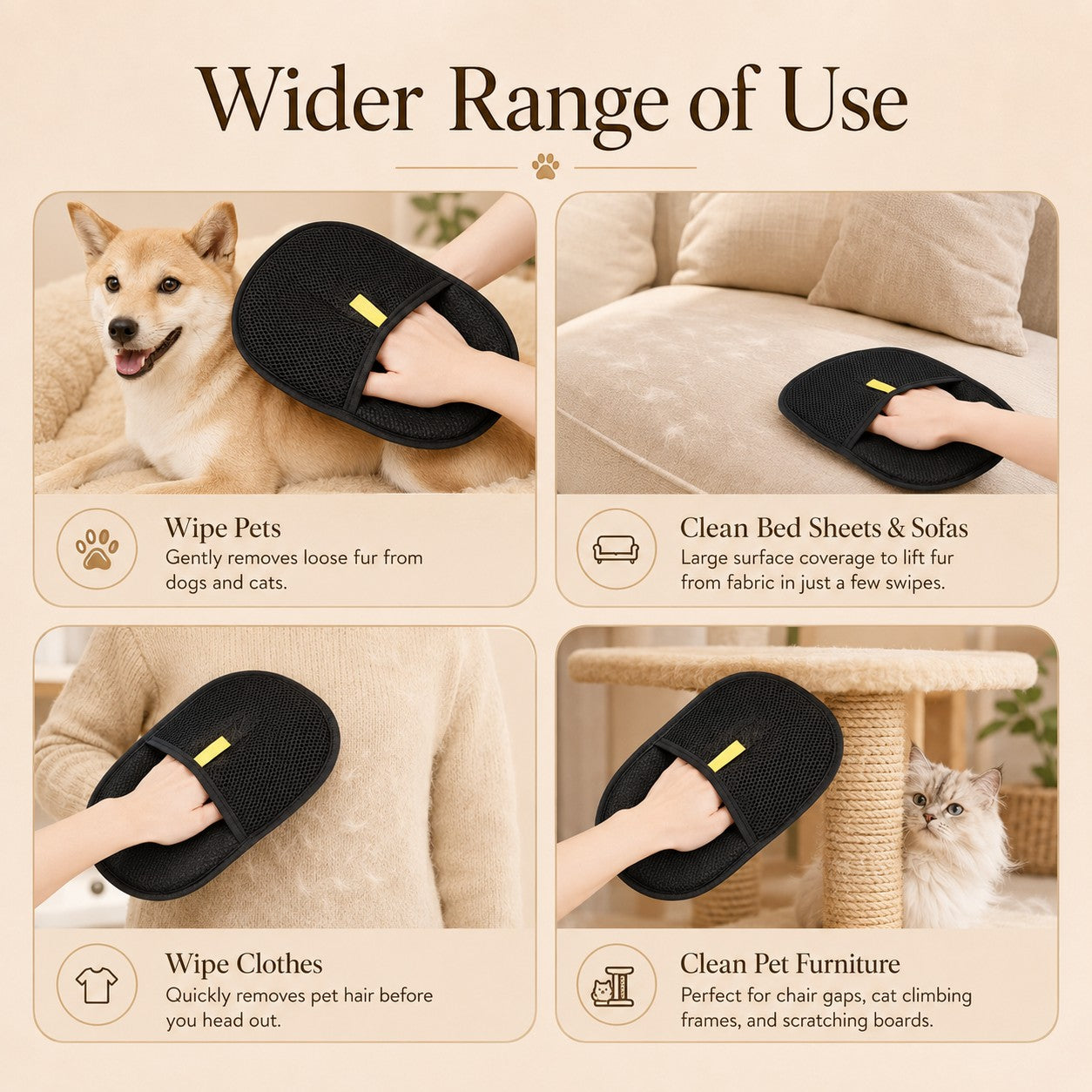 Nuzzo FurLift Glove removing pet hair from furniture, clothing, and a dog, showing versatile cleaning applications.