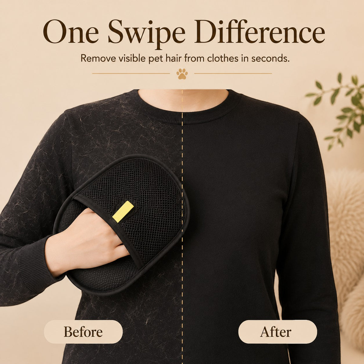 Nuzzo FurLift Glove removing pet hair from a black sweater, showing a before and after comparison.