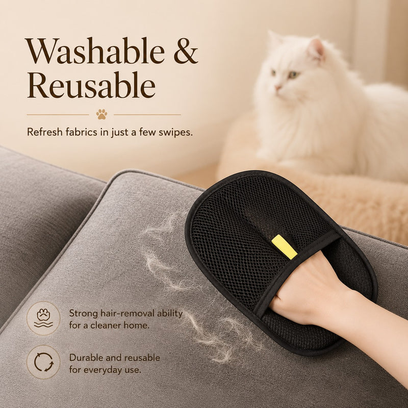Nuzzo FurLift black mesh pet hair removal glove cleaning grey sofa fabric with a white cat in the background