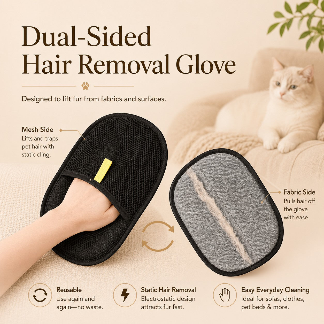 Nuzzo FurLift dual-sided pet hair removal glove with black mesh and grey fabric sides for cleaning furniture.
