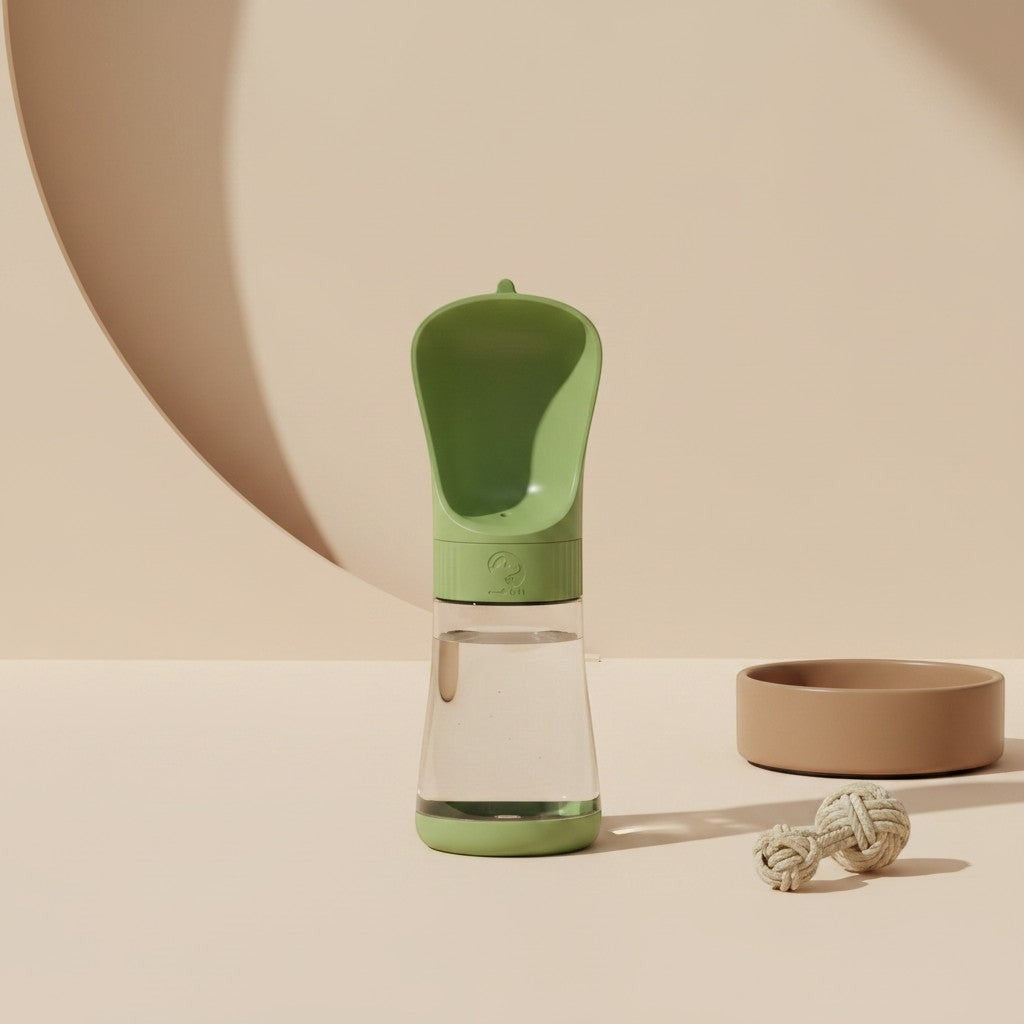 Nuzzo green 2-in-1 portable dog water bottle with integrated drinking bowl on a minimalist beige background.