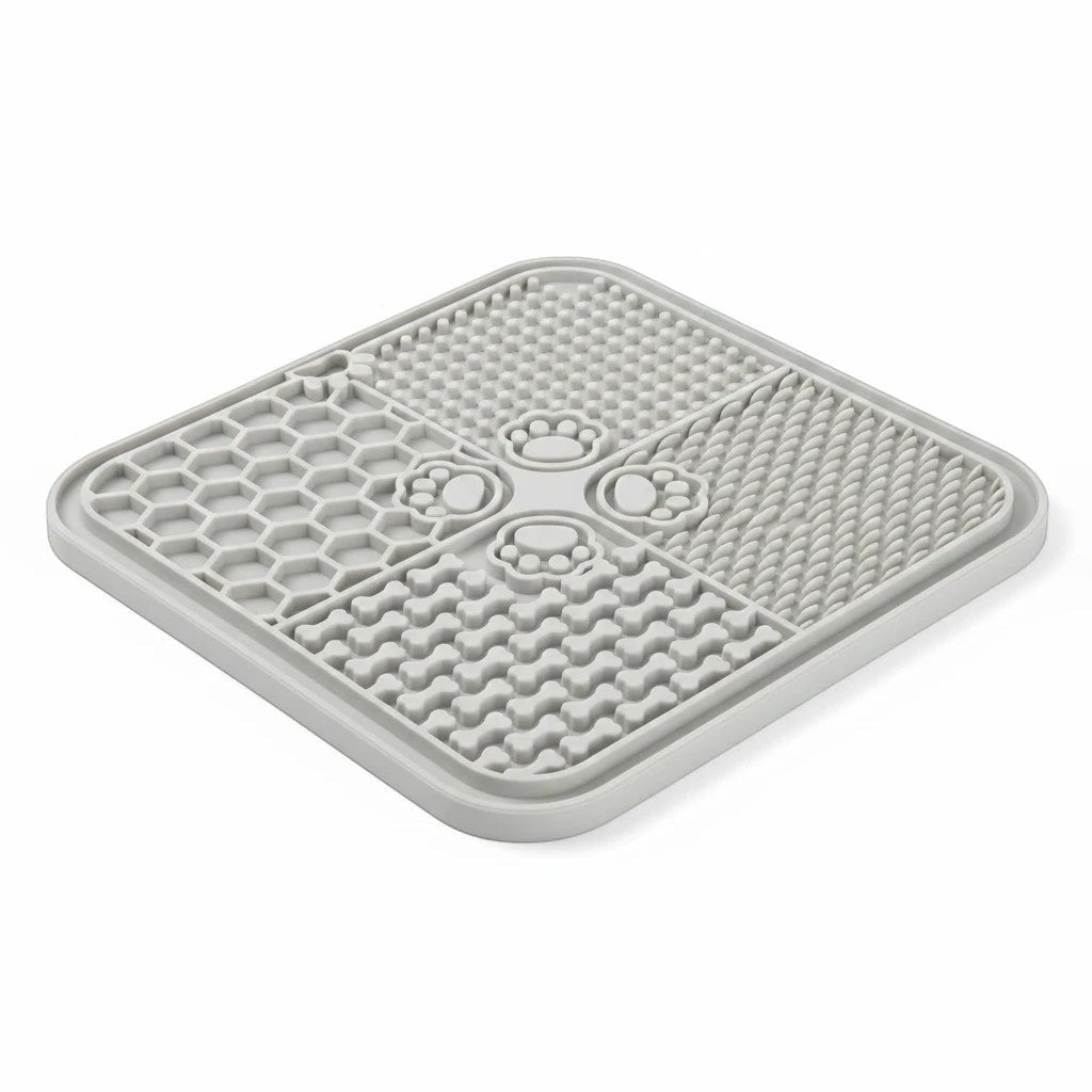 Nuzzo grey silicone dog lick mat with textured patterns for slow feeding and anxiety relief