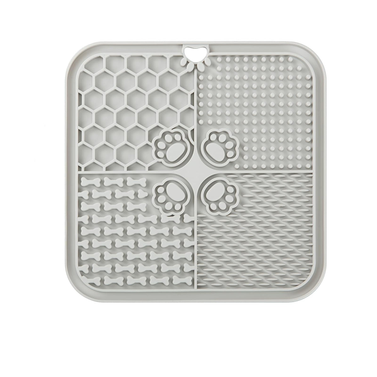 Nuzzo grey silicone slow feed dog lick mat with four textured quadrants for enrichment and anxiety relief