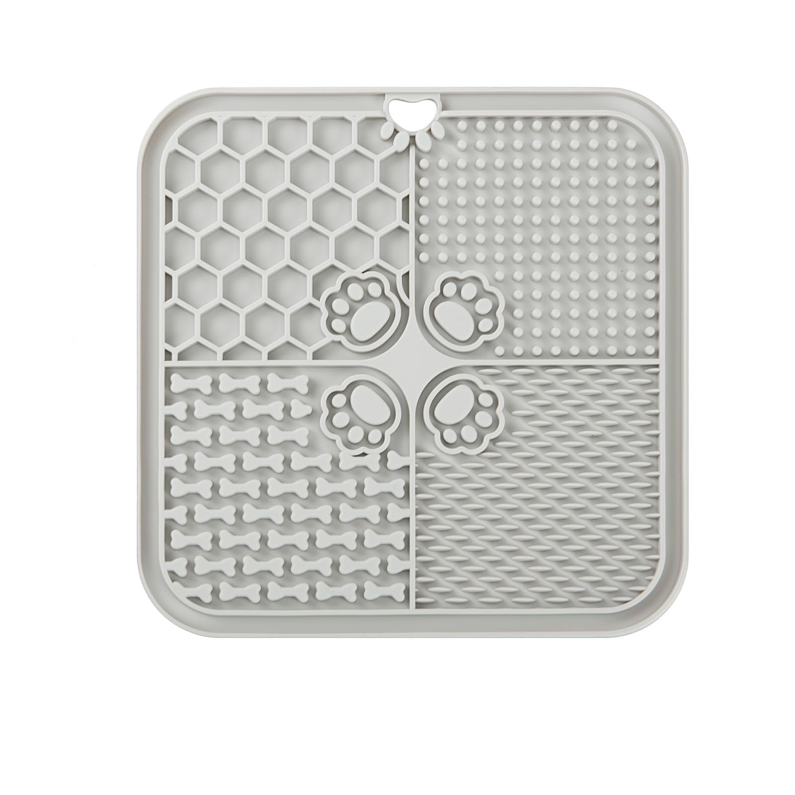 Nuzzo grey silicone slow feed dog lick mat with four textured quadrants for enrichment and anxiety relief