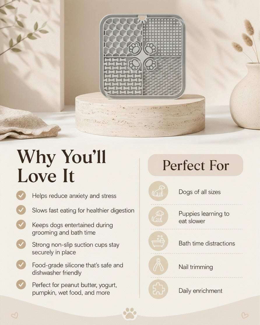 Nuzzo grey silicone slow feed dog lick mat with textured patterns for enrichment and anxiety relief