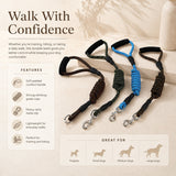 Nuzzo heavy-duty dog training leashes in black, green, and blue with padded handles and climbing-grade rope.