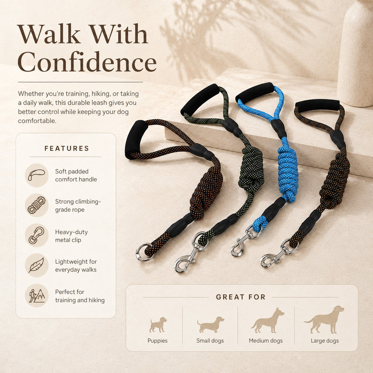 Nuzzo heavy-duty dog training leashes in black, green, and blue with padded handles and climbing-grade rope.