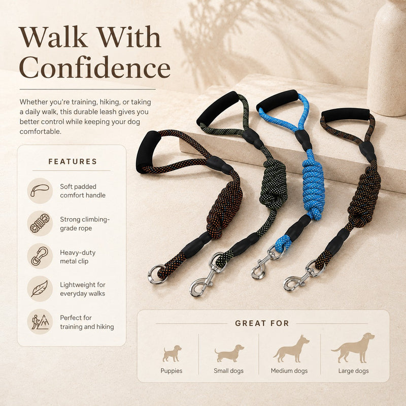 Nuzzo heavy-duty dog training leashes in black, green, and blue with padded handles and climbing-grade rope.
