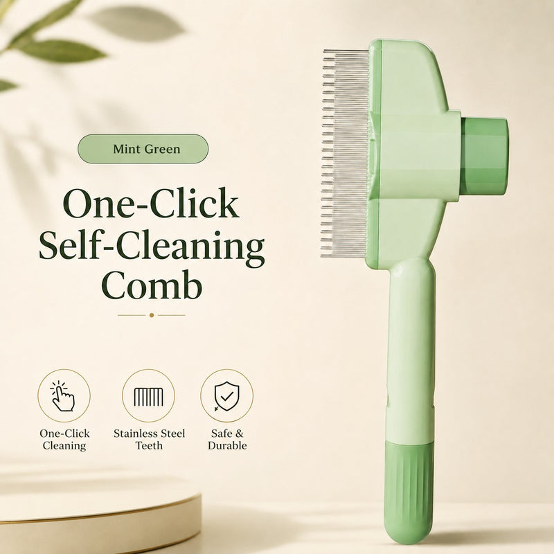 Nuzzo mint green self-cleaning pet hair comb with stainless steel teeth and a one-click release button for easy grooming.