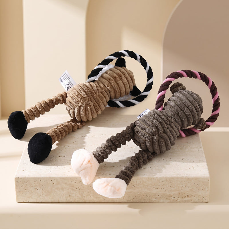 Nuzzo plush monkey pet toys made of corduroy and cotton rope with squeakers for interactive play and dental health