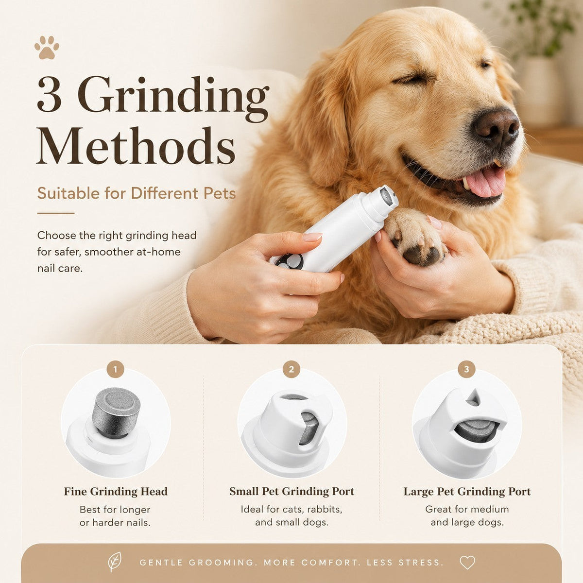 Nuzzo 2-in-1 pet nail grinder being used on a golden retriever's paw, showing three interchangeable grinding heads.