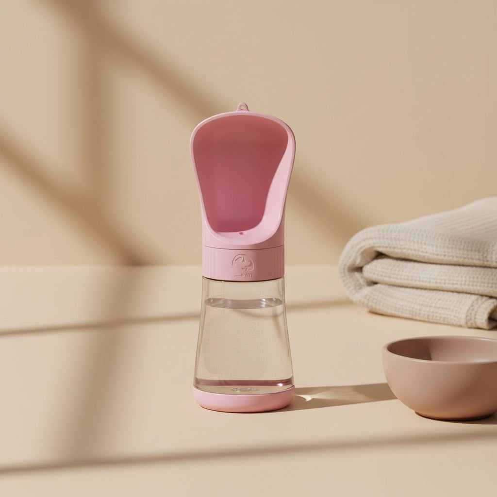 Nuzzo pink 2-in-1 portable dog water bottle with integrated drinking bowl for travel and hiking