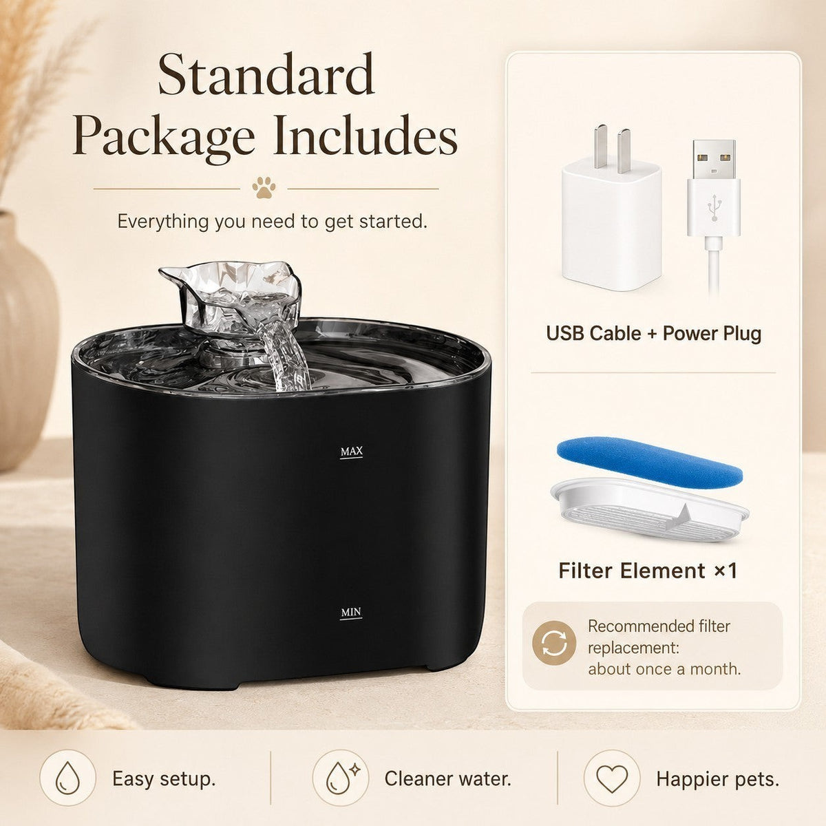 Nuzzo PureFlow black smart pet fountain with flowing water, USB power cable, plug, and filter element components.