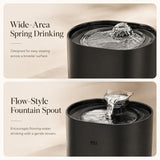 Nuzzo PureFlow black smart pet fountain showing spring drinking and flow-style spout features for cats and dogs