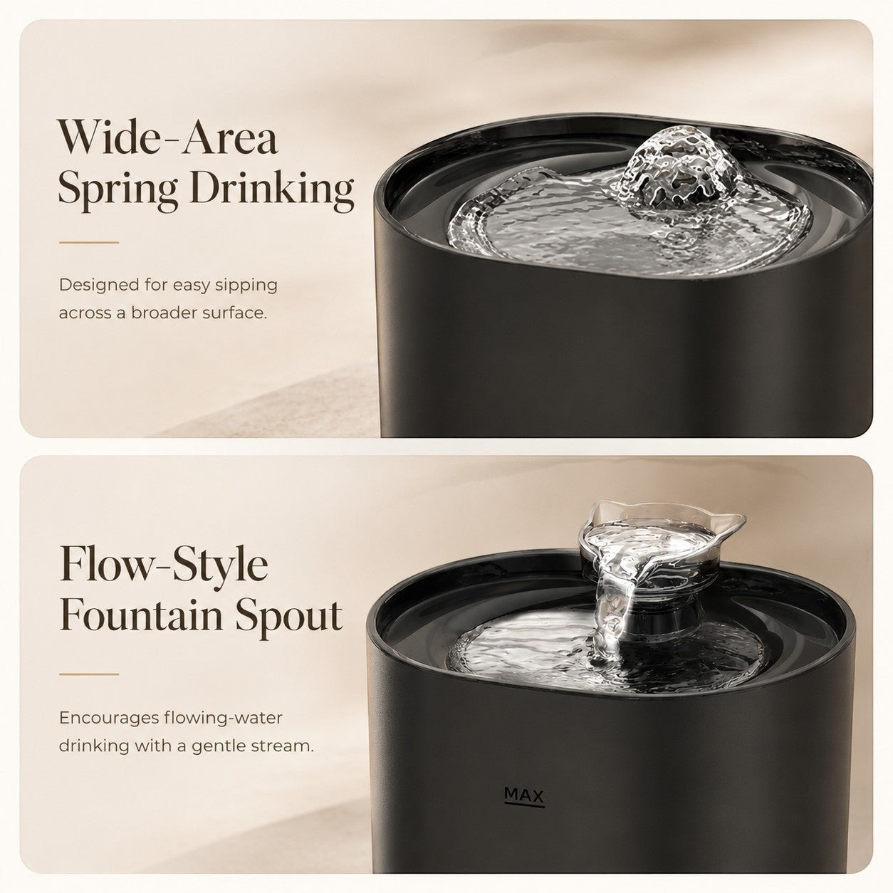 Nuzzo PureFlow black smart pet fountain showing spring drinking and flow-style spout features for cats and dogs