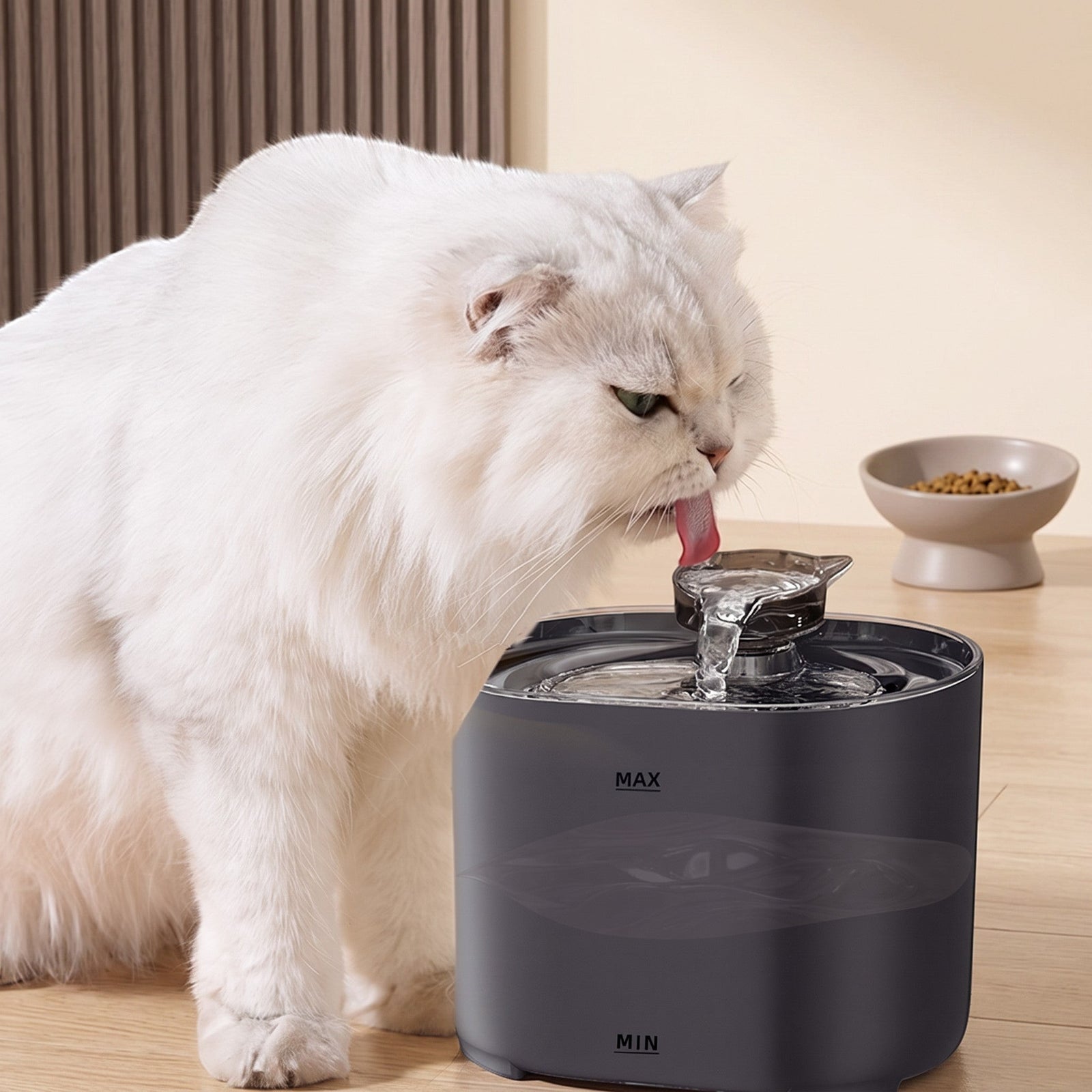Nuzzo PureFlow black smart pet fountain with a white cat drinking from the flowing water stream in a modern home.