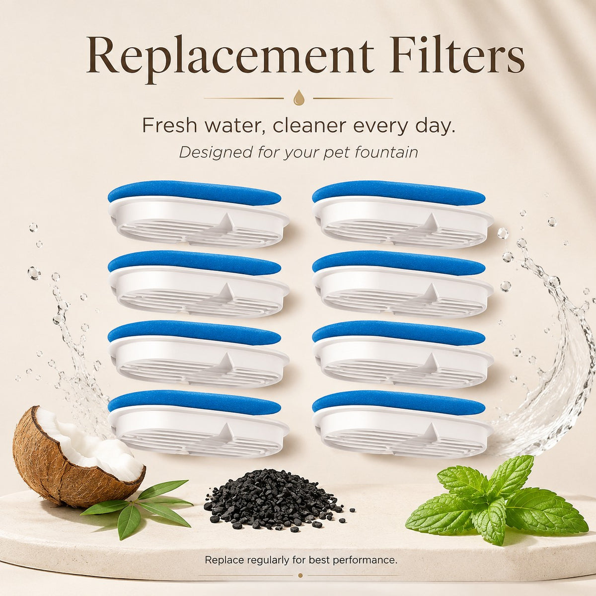Nuzzo PureFlow replacement filters for pet fountains with blue foam and white plastic, shown in an 8-pack set.