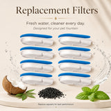 Nuzzo PureFlow replacement filters for pet fountains with blue foam and white plastic, shown in an 8-pack set.