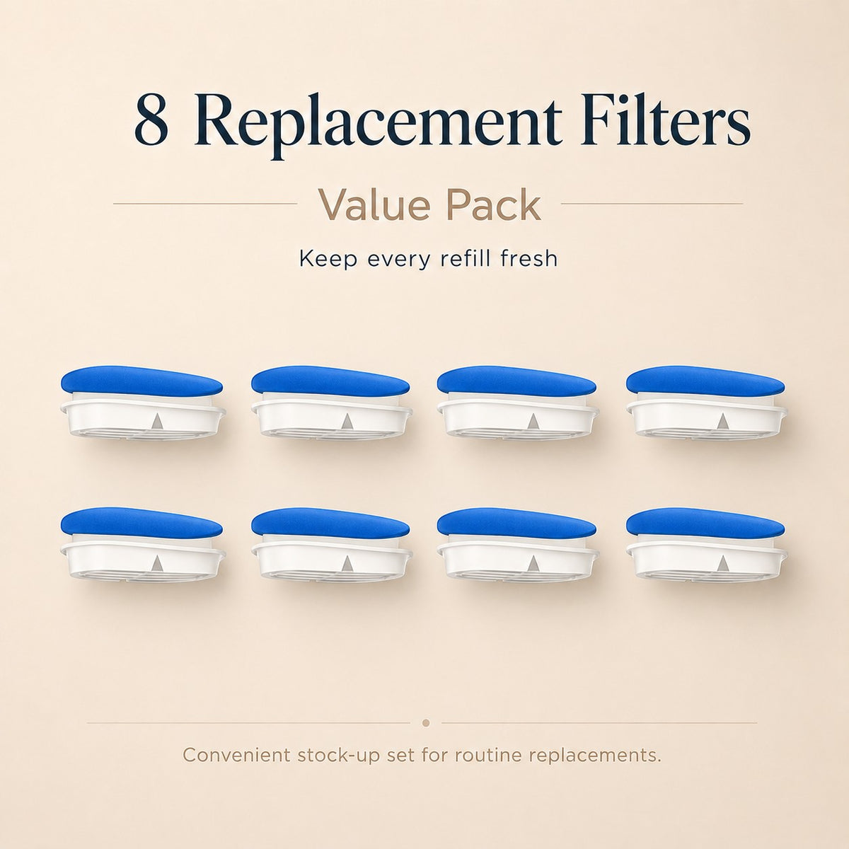 Nuzzo 8-pack of blue and white replacement filters for PureFlow smart pet fountains to keep water clean and fresh.