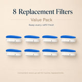 Nuzzo 8-pack of blue and white replacement filters for PureFlow smart pet fountains to keep water clean and fresh.