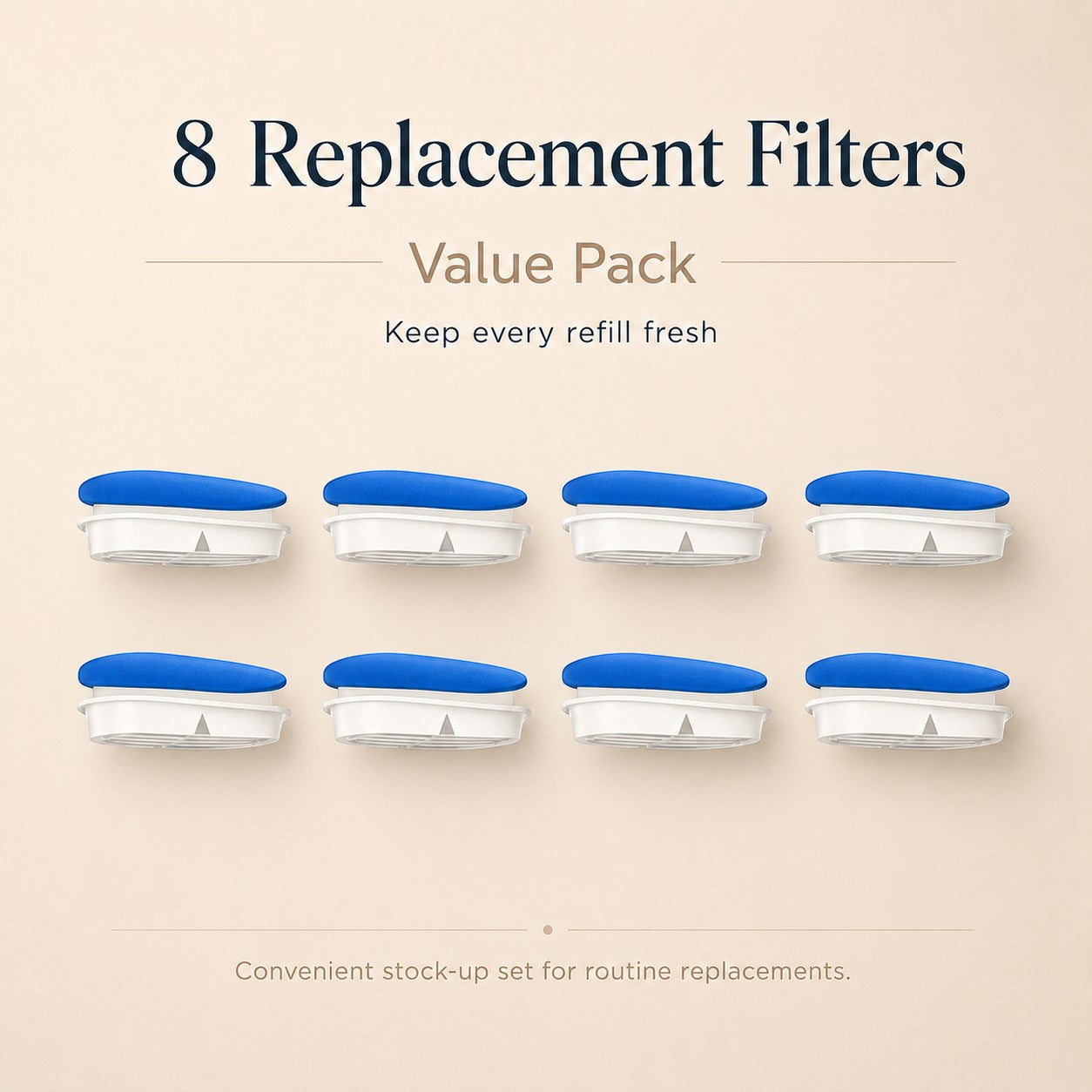 Nuzzo 8-pack of blue and white replacement filters for PureFlow smart pet fountains to keep water clean and fresh.
