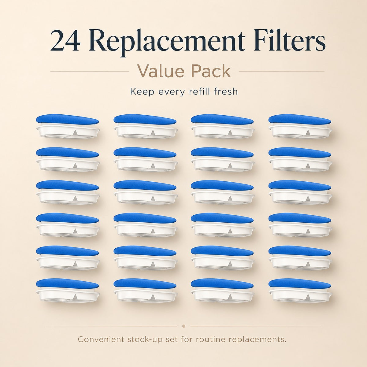 Nuzzo 24-pack of blue and white replacement filters for PureFlow smart pet fountains to keep water clean and fresh.