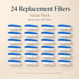 Nuzzo 24-pack of blue and white replacement filters for PureFlow smart pet fountains to keep water clean and fresh.