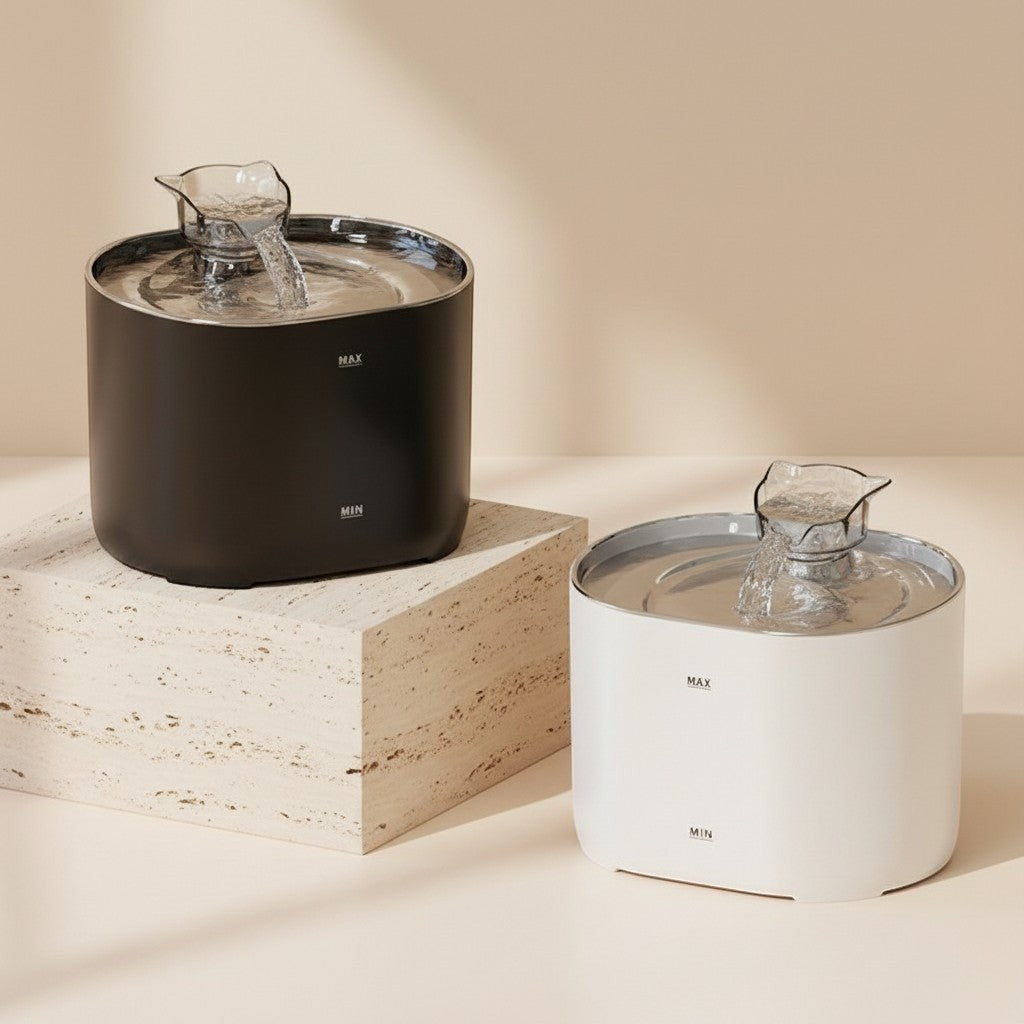 Nuzzo PureFlow smart pet fountains in black and white, featuring a modern design with continuous water circulation.