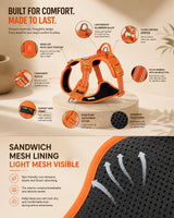 Nuzzo ReflectPro orange dog harness with reflective stitching, adjustable straps, and breathable mesh lining.