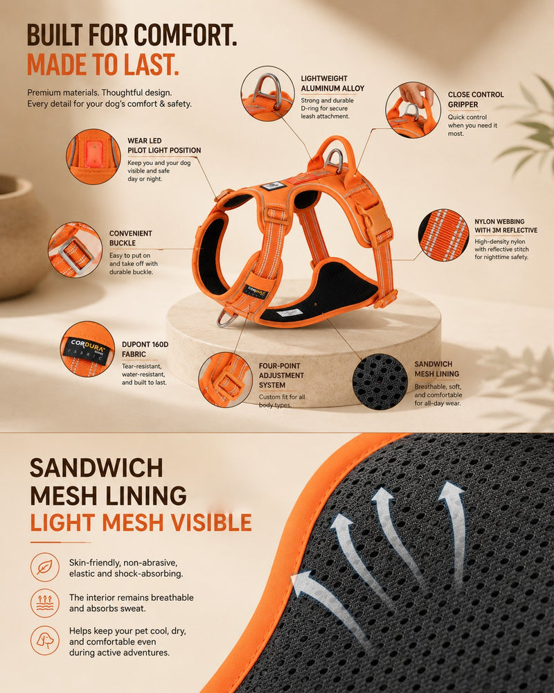 Nuzzo ReflectPro orange dog harness with reflective stitching, adjustable straps, and breathable mesh lining.
