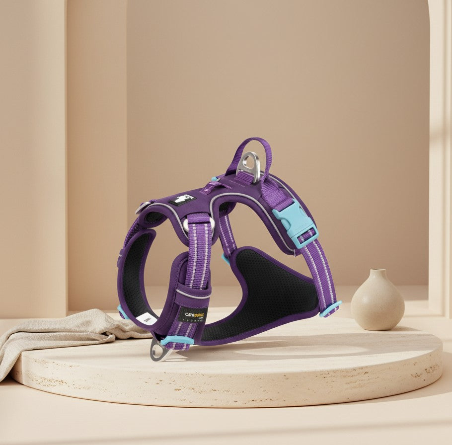 Nuzzo ReflectPro purple dog harness with reflective stitching, adjustable straps, and soft padded chest support.