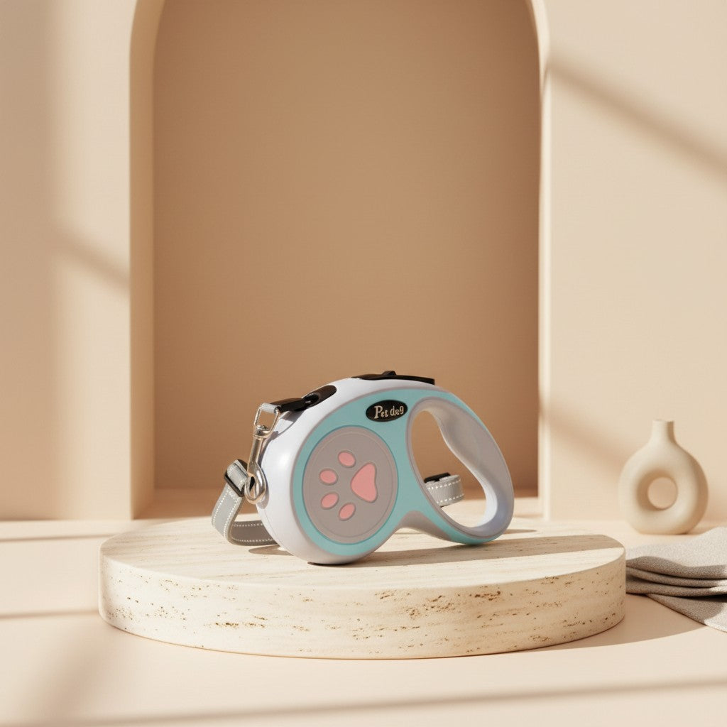 Nuzzo retractable dog leash in light blue and white with a pink paw print design on a minimalist display stand