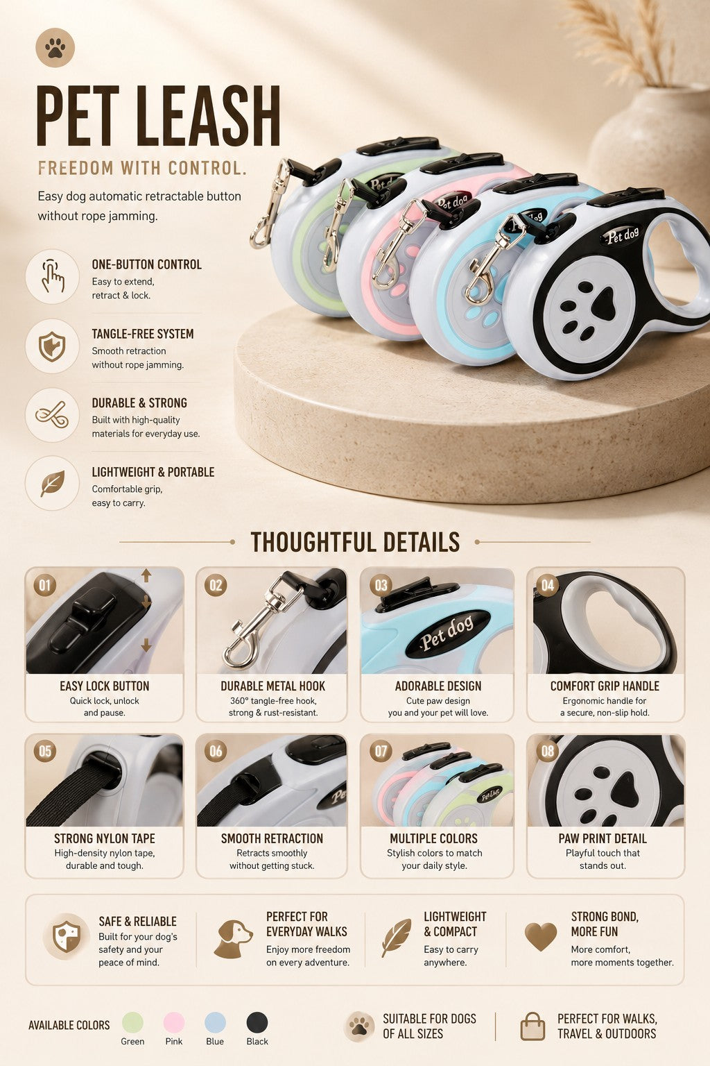 Nuzzo retractable dog leashes in black, blue, green, and pink with paw print designs and ergonomic handles.