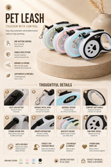 Nuzzo retractable dog leashes in black, blue, green, and pink with paw print designs and ergonomic handles.