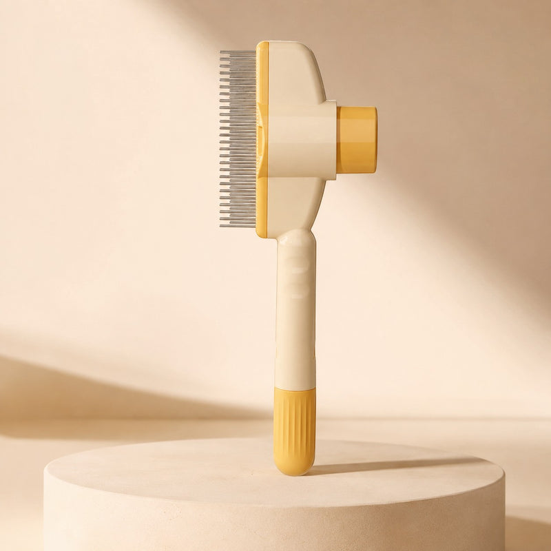 Nuzzo self-cleaning pet hair comb with yellow and cream ABS handle and stainless steel teeth on a pedestal
