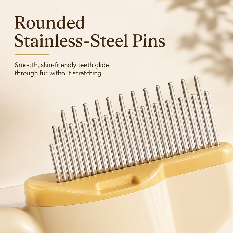 Nuzzo self-cleaning pet hair comb with rounded stainless steel pins for gentle grooming of dogs and cats