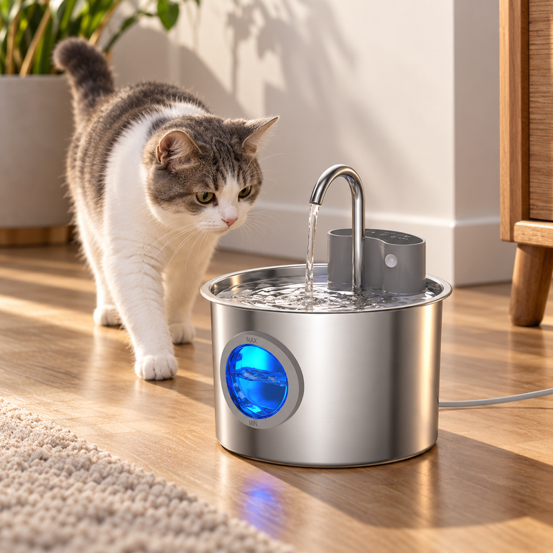 A cat walking up to the SenseFlow fountain as water runs from the spout
